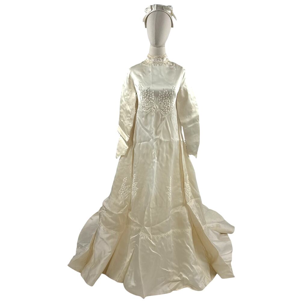 Vintage 1960s William Cahill Ivory Satin Wedding Dress Train Women's XS
